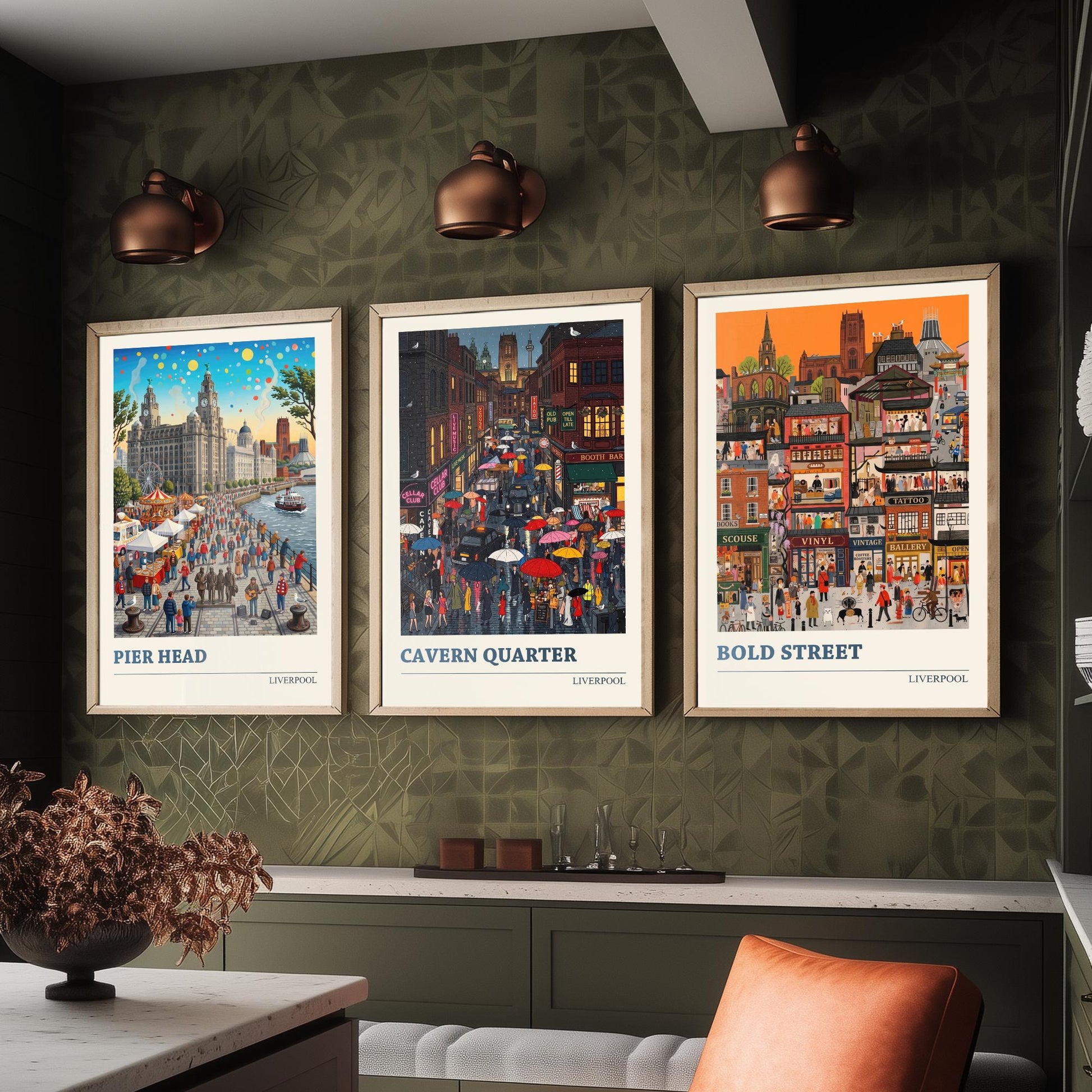 Liverpool Set of Three Art Prints - Pier Head, Cavern Quarter, Bold Street - 3 Colourful Folk Illustration Travel Posters Painting