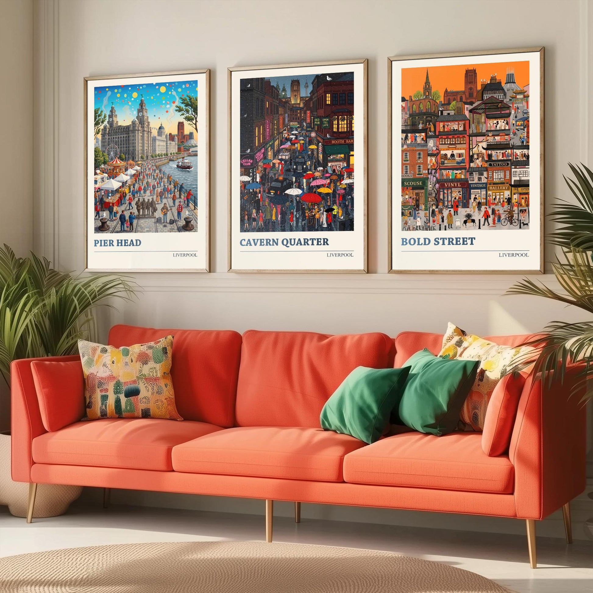 Liverpool Set of Three Art Prints - Pier Head, Cavern Quarter, Bold Street - 3 Colourful Folk Illustration Travel Posters Painting