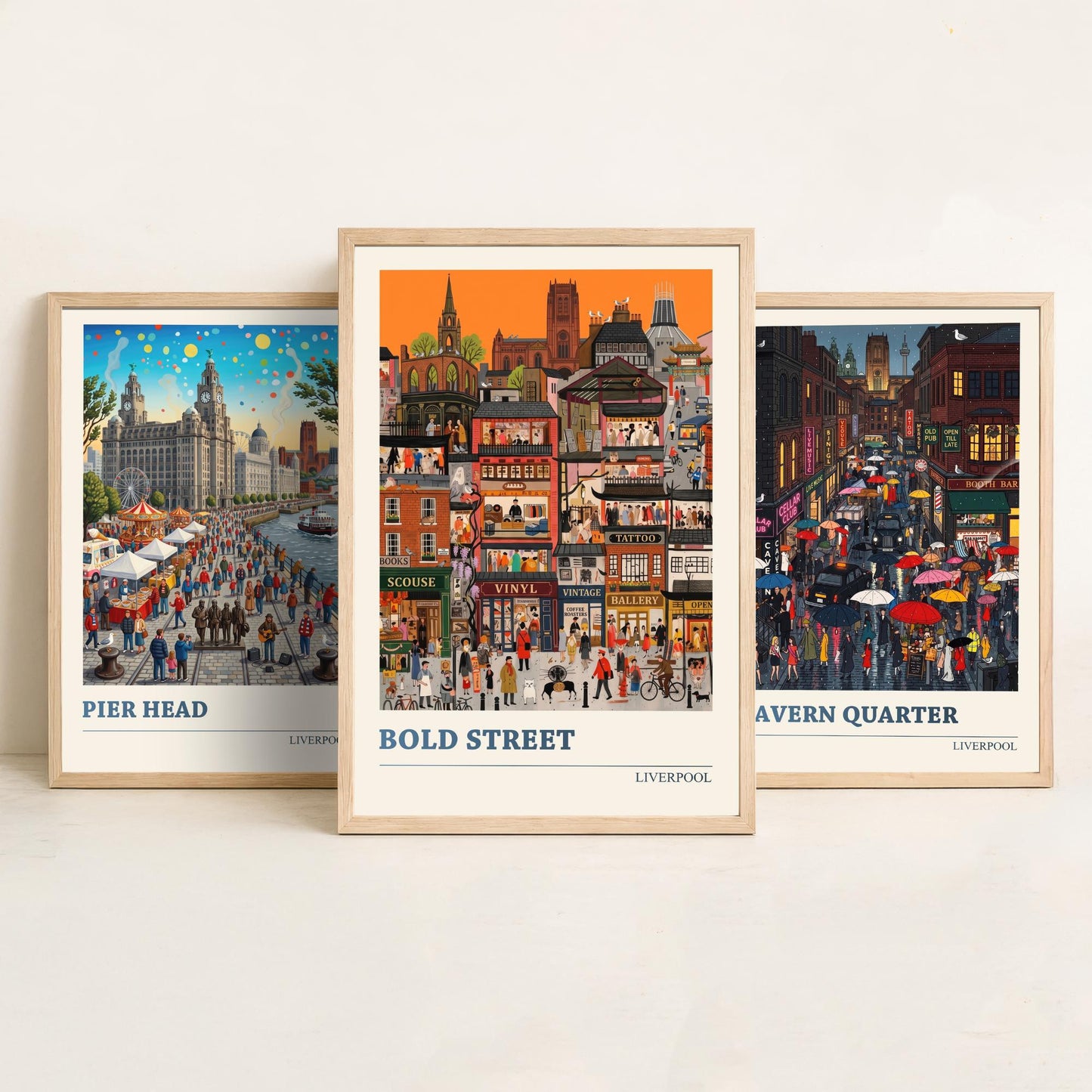 Liverpool Set of Three Art Prints - Pier Head, Cavern Quarter, Bold Street - 3 Colourful Folk Illustration Travel Posters Painting