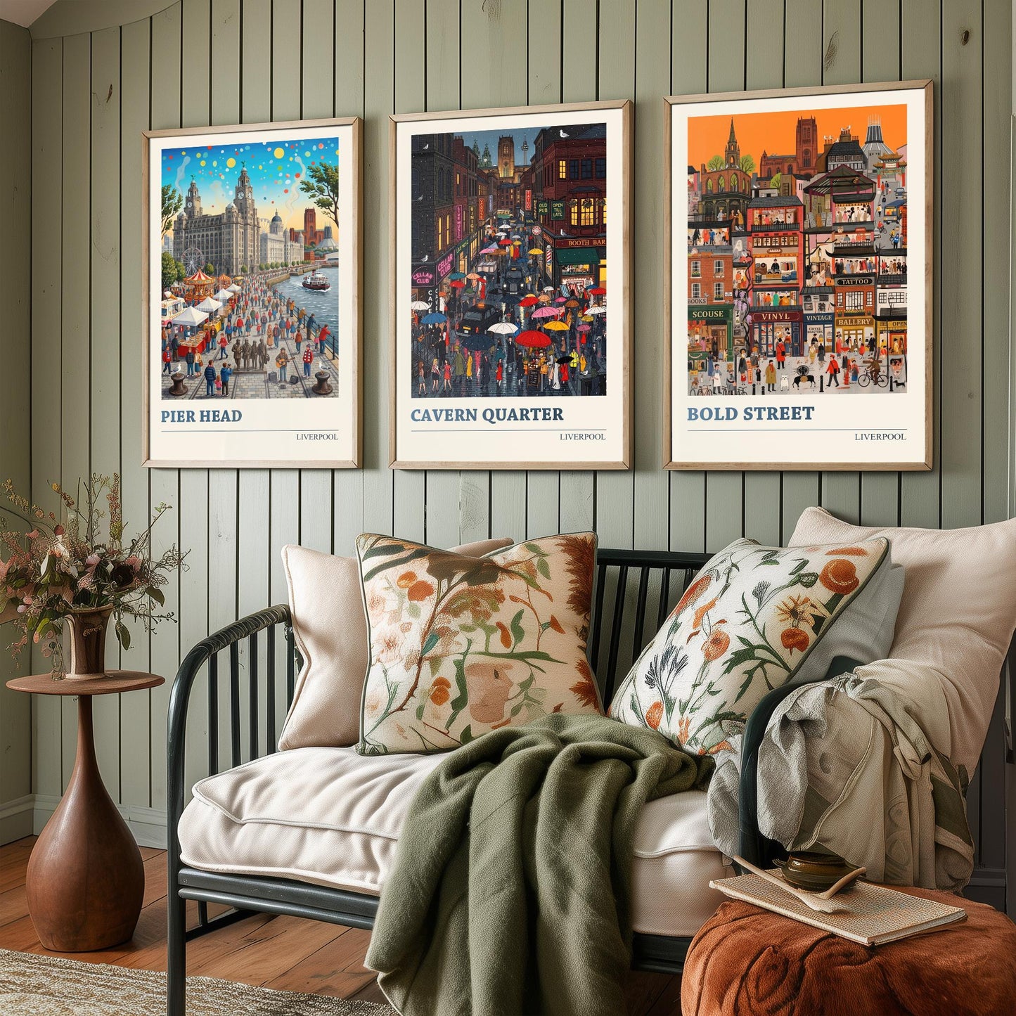 Liverpool Set of Three Art Prints - Pier Head, Cavern Quarter, Bold Street - 3 Colourful Folk Illustration Travel Posters Painting