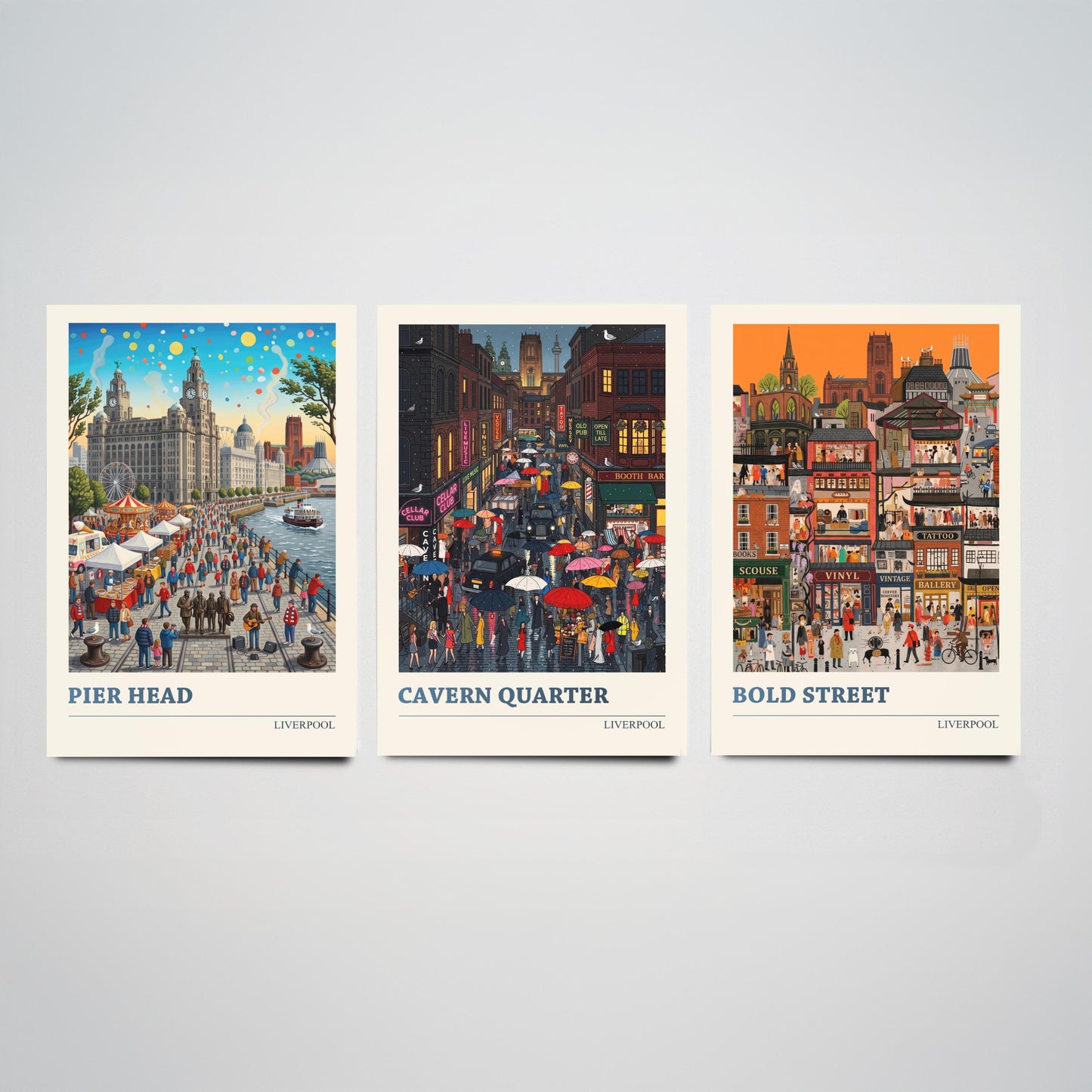 Liverpool Set of Three Art Prints - Pier Head, Cavern Quarter, Bold Street - 3 Colourful Folk Illustration Travel Posters Painting