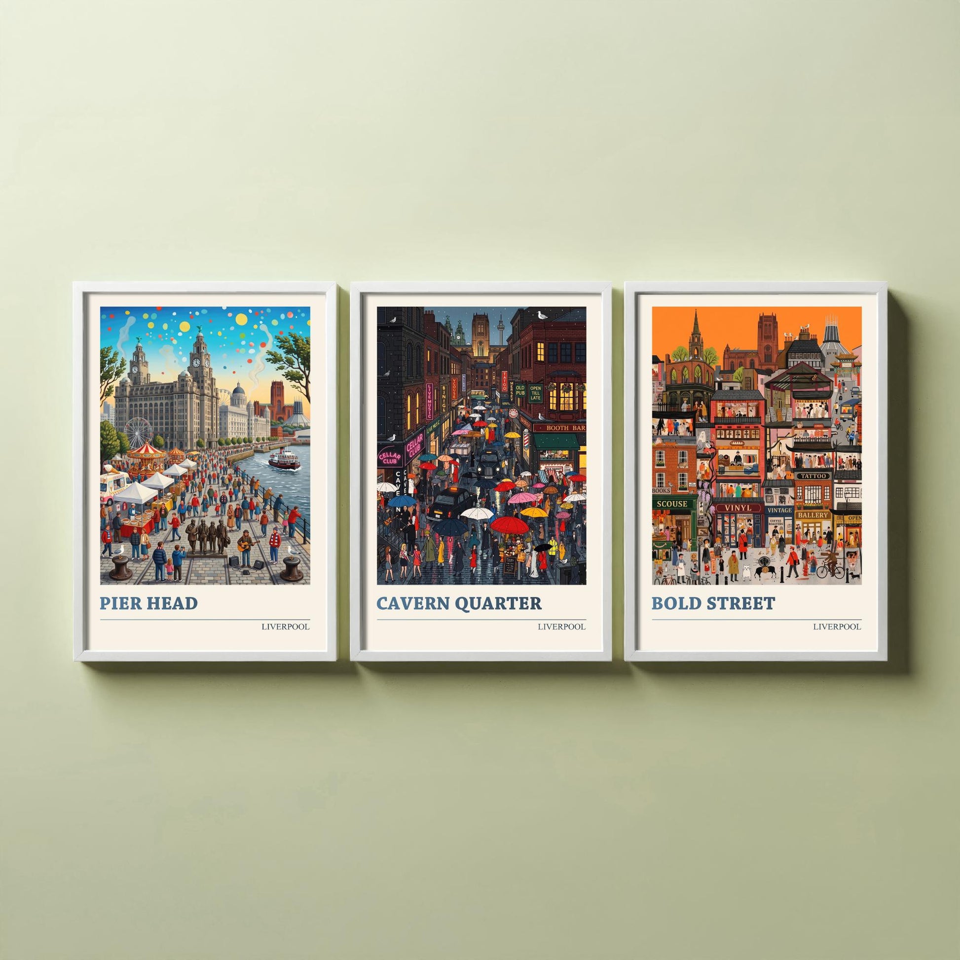 Liverpool Set of Three Art Prints - Pier Head, Cavern Quarter, Bold Street - 3 Colourful Folk Illustration Travel Posters Painting