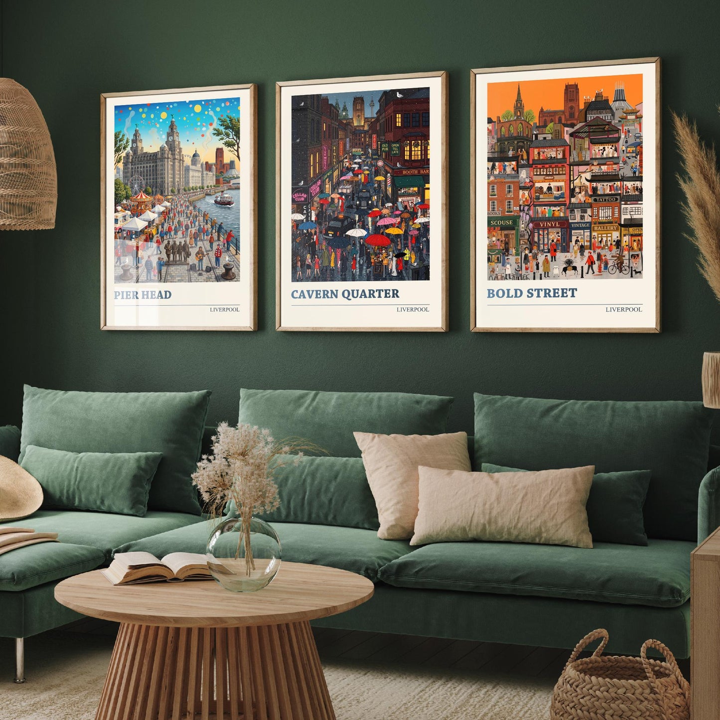 Liverpool Set of Three Art Prints - Pier Head, Cavern Quarter, Bold Street - 3 Colourful Folk Illustration Travel Posters Painting