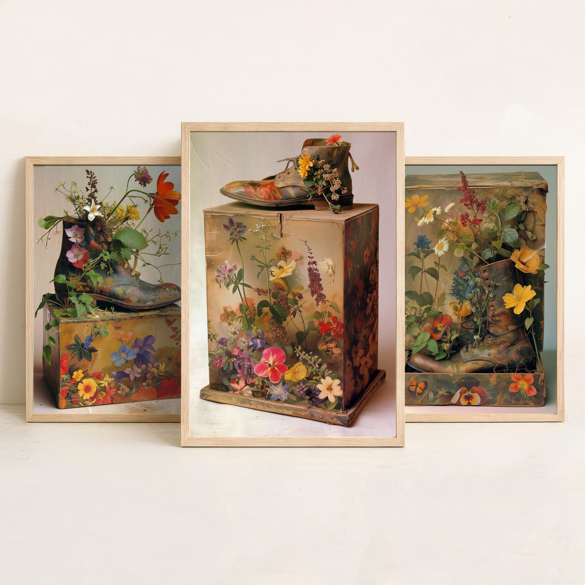 Living Breathing Botanical Shoeboxes Set of Three Art Prints - 3 Surreal Floral Boot Posters - Photo Wall Art Gift Nature Whimsical