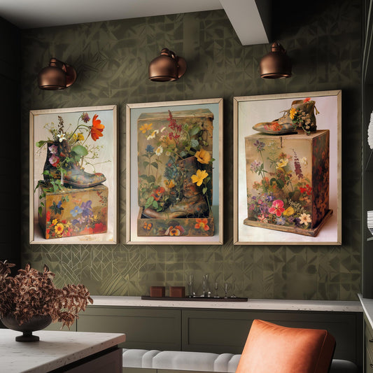 Living Breathing Botanical Shoeboxes Set of Three Art Prints - 3 Surreal Floral Boot Posters - Photo Wall Art Gift Nature Whimsical