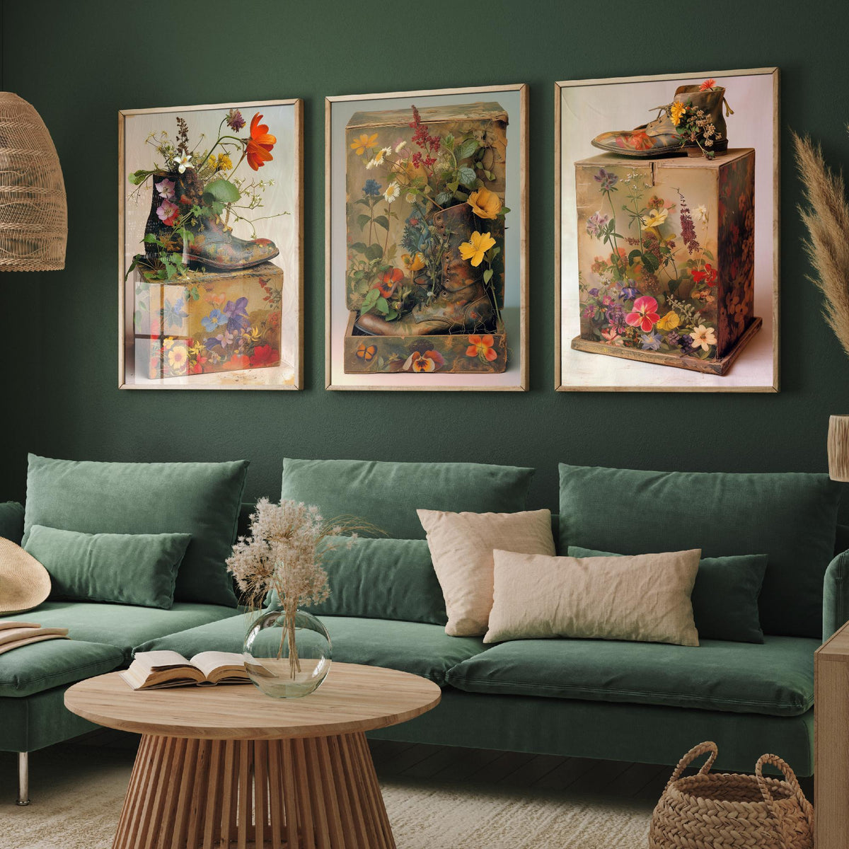 Living Breathing Botanical Shoeboxes Set of Three Art Prints - 3 Surreal Floral Boot Posters - Photo Wall Art Gift Nature Whimsical