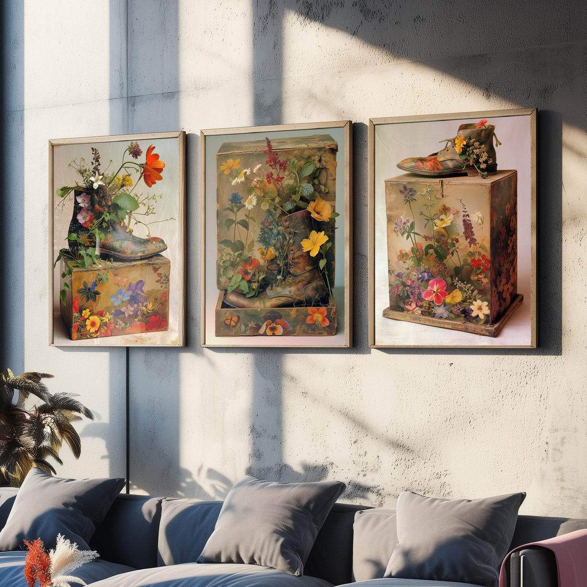 Living Breathing Botanical Shoeboxes Set of Three Art Prints - 3 Surreal Floral Boot Posters - Photo Wall Art Gift Nature Whimsical