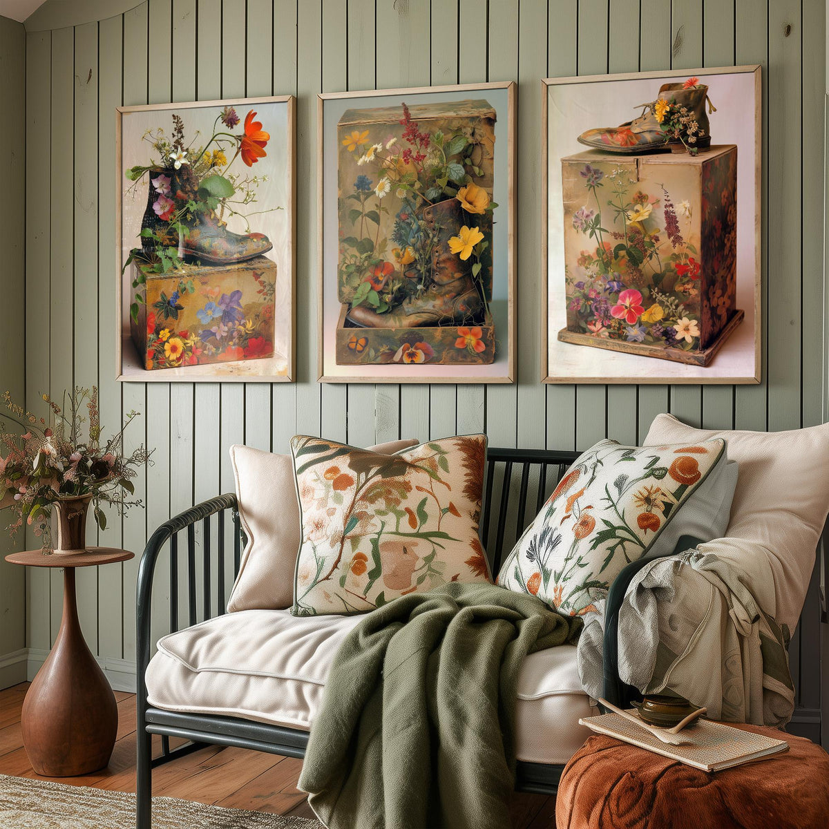 Living Breathing Botanical Shoeboxes Set of Three Art Prints - 3 Surreal Floral Boot Posters - Photo Wall Art Gift Nature Whimsical