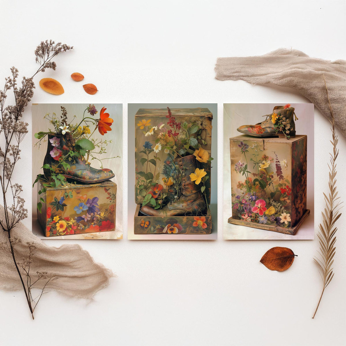 Living Breathing Botanical Shoeboxes Set of Three Art Prints - 3 Surreal Floral Boot Posters - Photo Wall Art Gift Nature Whimsical