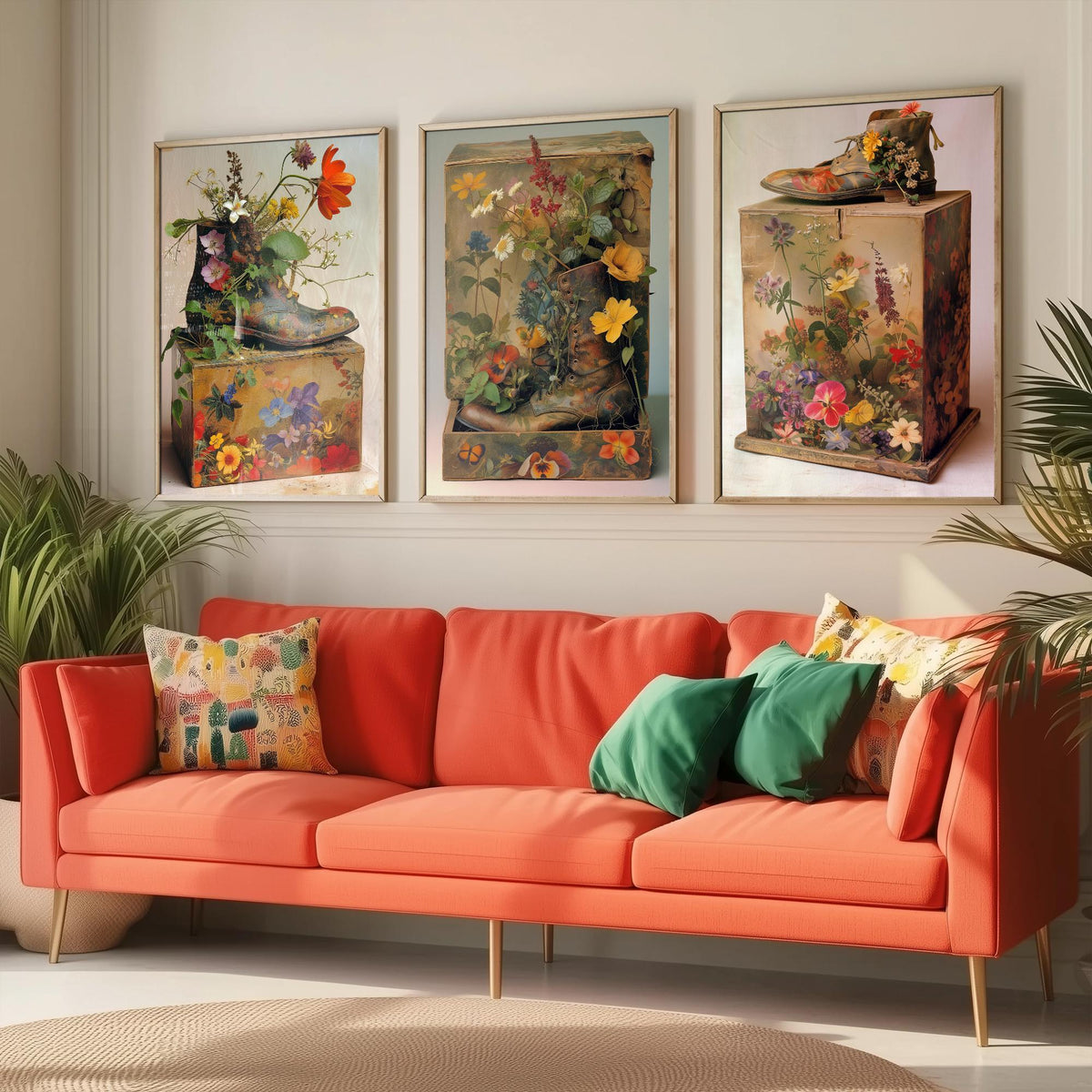 Living Breathing Botanical Shoeboxes Set of Three Art Prints - 3 Surreal Floral Boot Posters - Photo Wall Art Gift Nature Whimsical