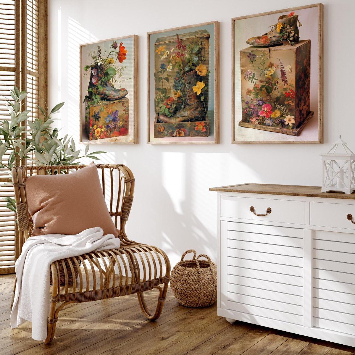 Living Breathing Botanical Shoeboxes Set of Three Art Prints - 3 Surreal Floral Boot Posters - Photo Wall Art Gift Nature Whimsical