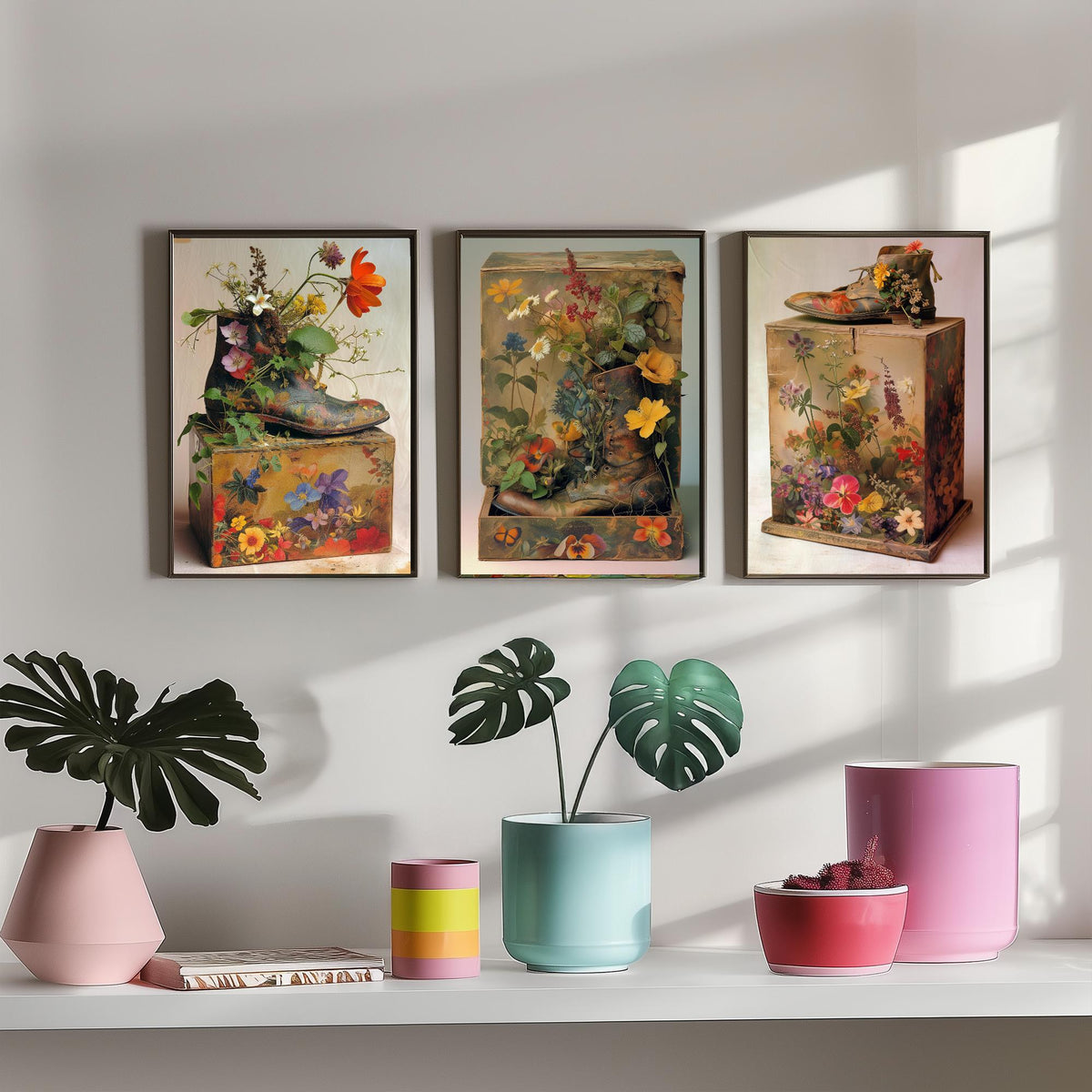 Living Breathing Botanical Shoeboxes Set of Three Art Prints - 3 Surreal Floral Boot Posters - Photo Wall Art Gift Nature Whimsical