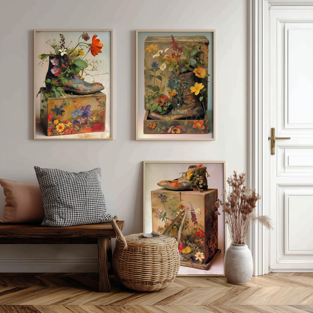 Living Breathing Botanical Shoeboxes Set of Three Art Prints - 3 Surreal Floral Boot Posters - Photo Wall Art Gift Nature Whimsical