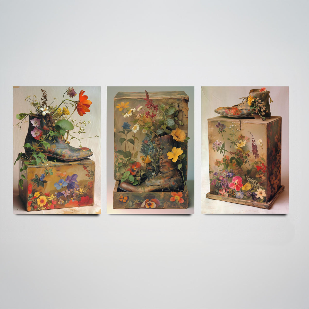Living Breathing Botanical Shoeboxes Set of Three Art Prints - 3 Surreal Floral Boot Posters - Photo Wall Art Gift Nature Whimsical