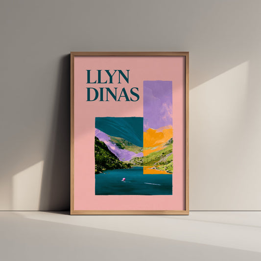 Llyn Dinas Travel Poster - Eryri Snowdonia Art Print - Pink Collage Wild Swimming Illustration - Welsh Lake Swim