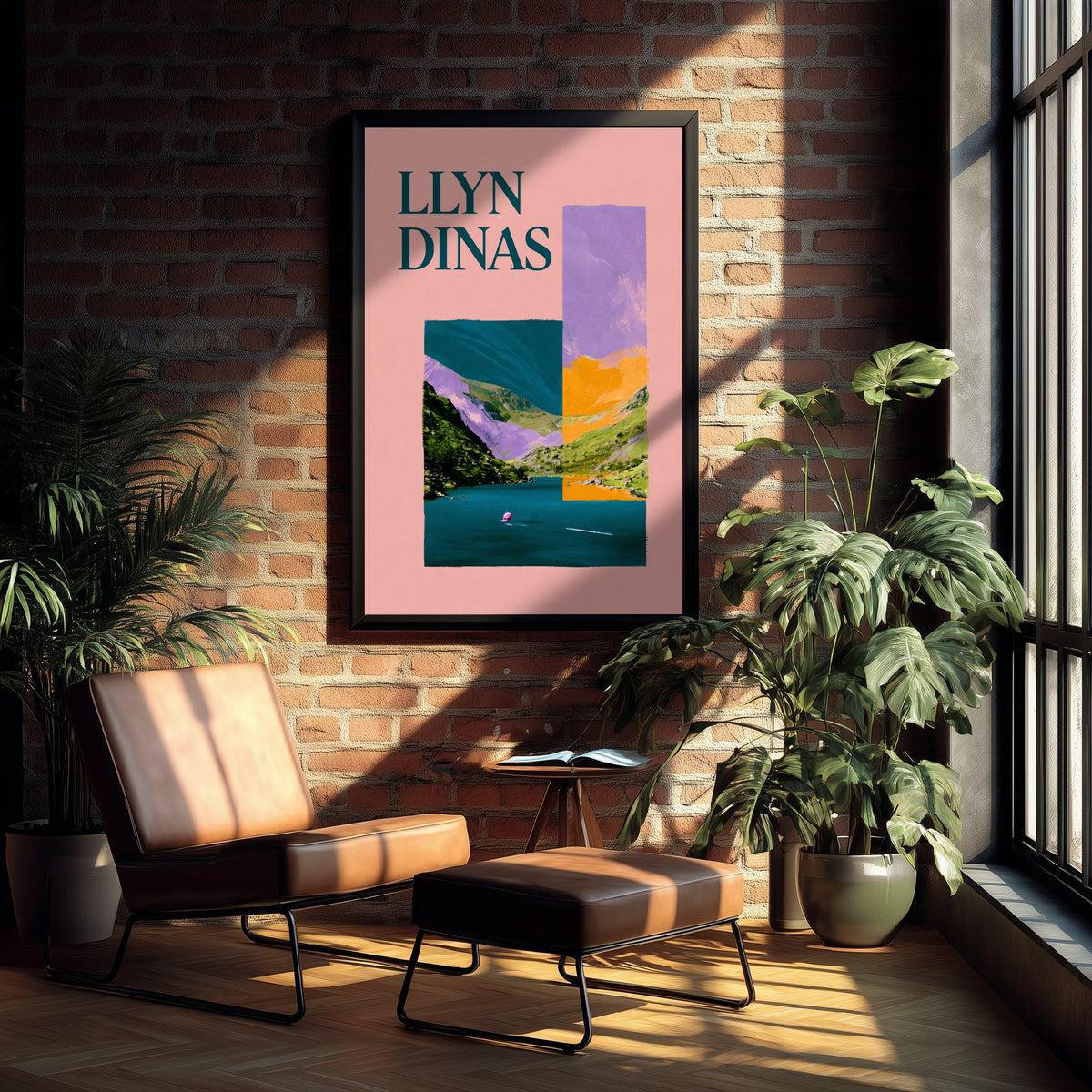 Llyn Dinas Travel Poster - Eryri Snowdonia Art Print - Pink Collage Wild Swimming Illustration - Welsh Lake Swim