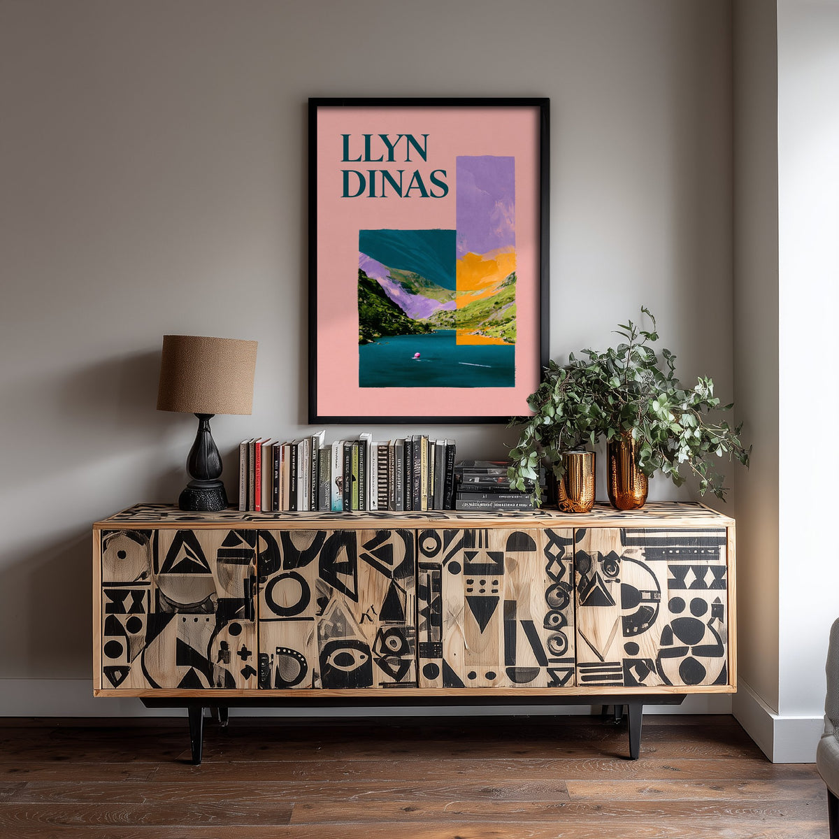 Llyn Dinas Travel Poster - Eryri Snowdonia Art Print - Pink Collage Wild Swimming Illustration - Welsh Lake Swim