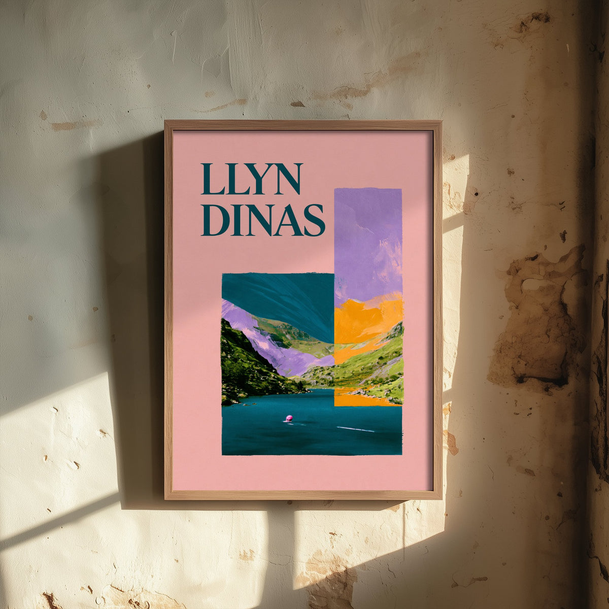 Llyn Dinas Travel Poster - Eryri Snowdonia Art Print - Pink Collage Wild Swimming Illustration - Welsh Lake Swim