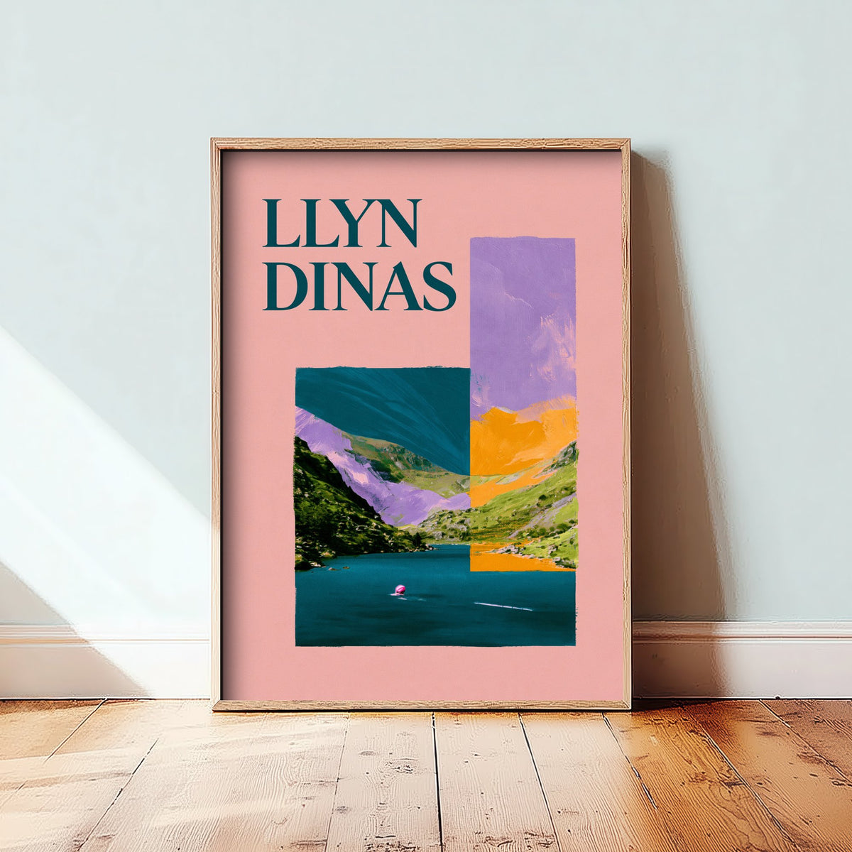 Llyn Dinas Travel Poster - Eryri Snowdonia Art Print - Pink Collage Wild Swimming Illustration - Welsh Lake Swim