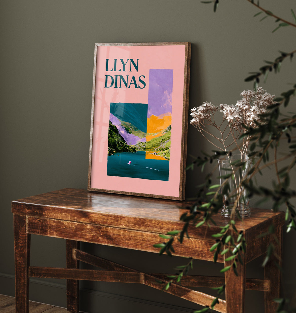 Llyn Dinas Travel Poster - Eryri Snowdonia Art Print - Pink Collage Wild Swimming Illustration - Welsh Lake Swim