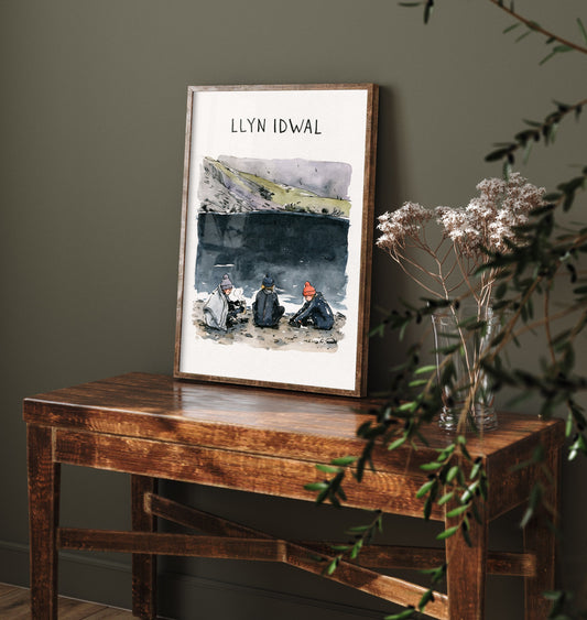 Llyn Idwal Wild Swimming Art Print - Snowdonia Watercolour Sketch Poster - Cold Water Swimmers Illustration - Cwm Idwal V1