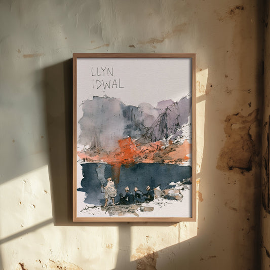 Llyn Idwal Wild Swimming Art Print - Autumn Watercolour Sketch Poster - Snowdonia Swimmers Illustration - Ogwen Valley V2