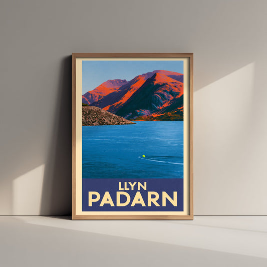 Llyn Padarn Travel Poster - Llanberis Snowdonia Art Print - Bold Vintage Swimming Illustration - Sunset Mountain Lake Swim
