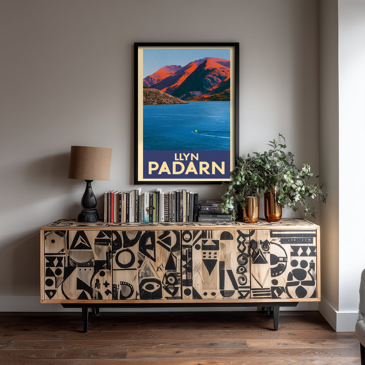Llyn Padarn Travel Poster - Llanberis Snowdonia Art Print - Bold Vintage Swimming Illustration - Sunset Mountain Lake Swim
