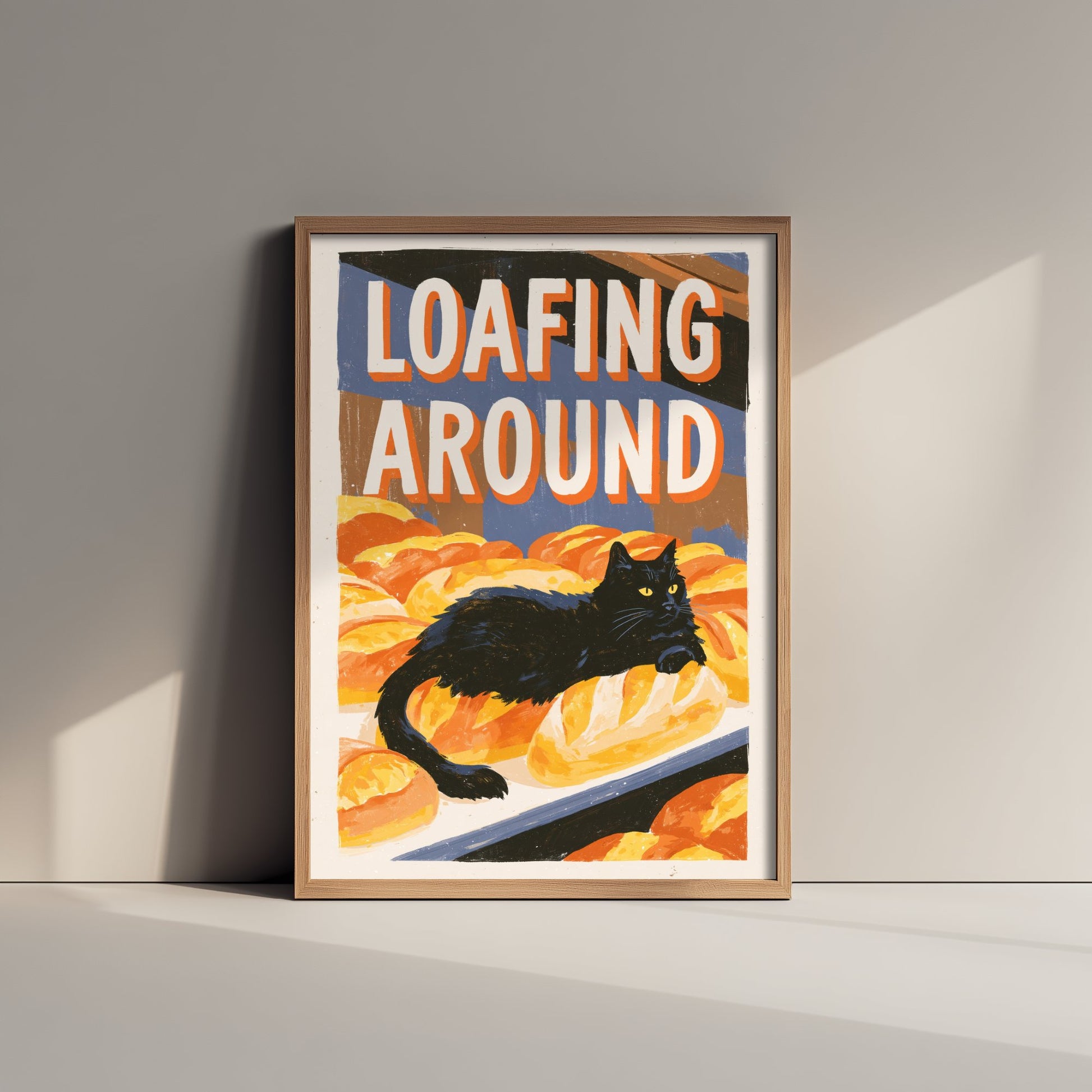 Loafing Around Art Print - Black Cat on Bakery Bread Poster - Painterly Kitchen Pun Illustration V1