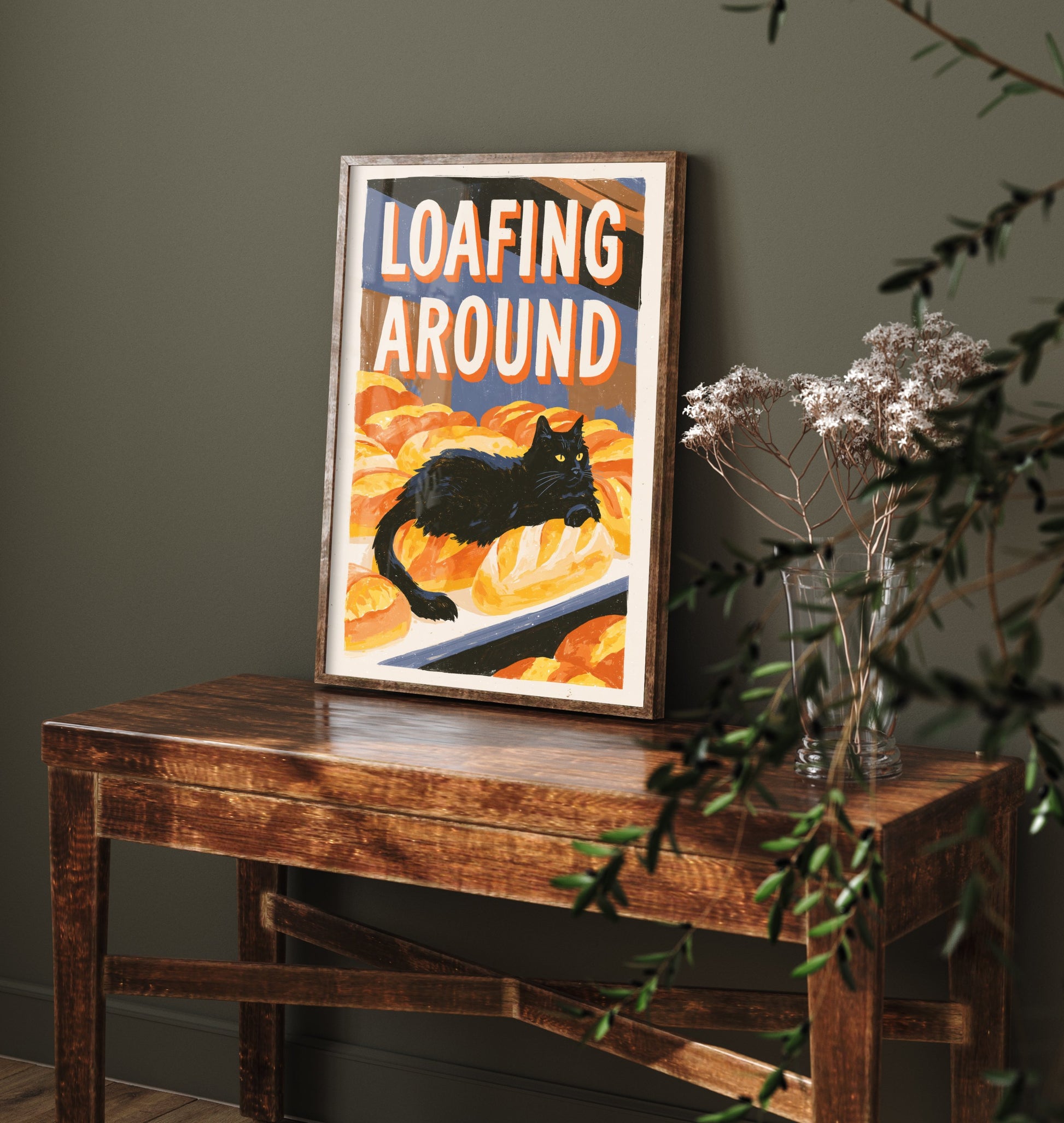 Loafing Around Art Print - Black Cat on Bakery Bread Poster - Painterly Kitchen Pun Illustration V1
