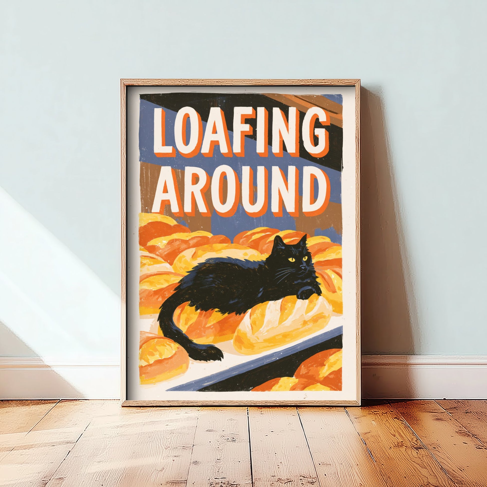 Loafing Around Art Print - Black Cat on Bakery Bread Poster - Painterly Kitchen Pun Illustration V1