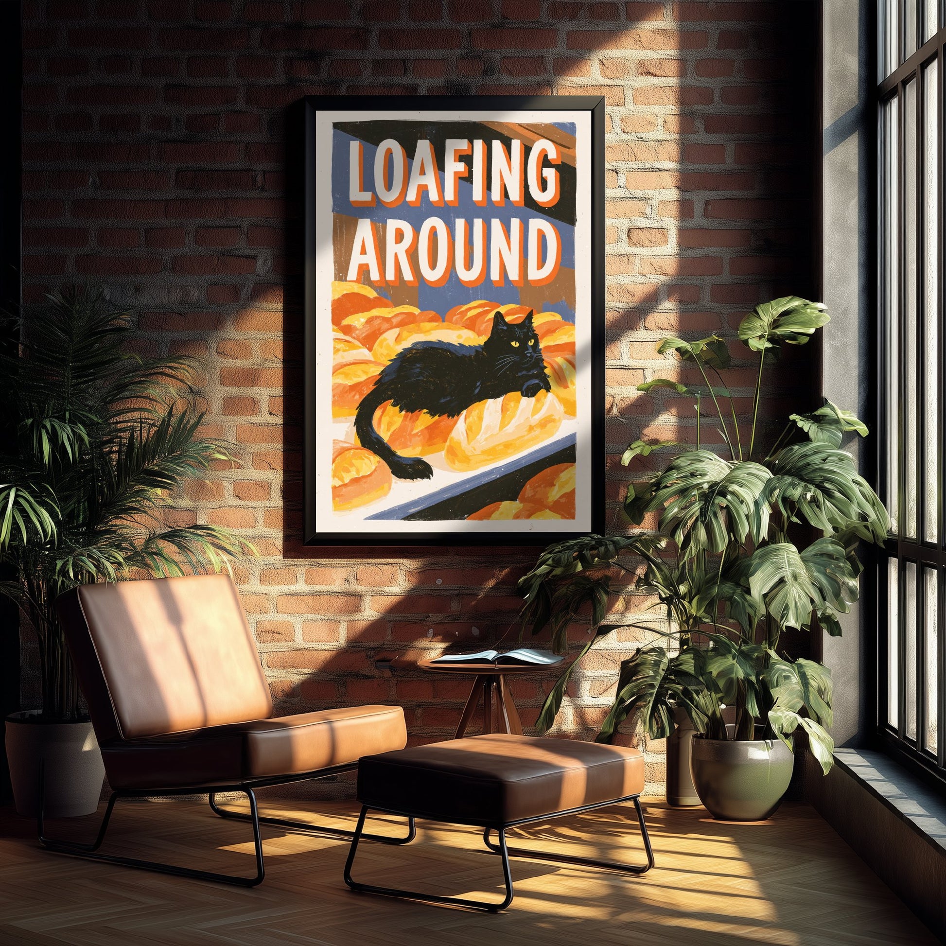 Loafing Around Art Print - Black Cat on Bakery Bread Poster - Painterly Kitchen Pun Illustration V1