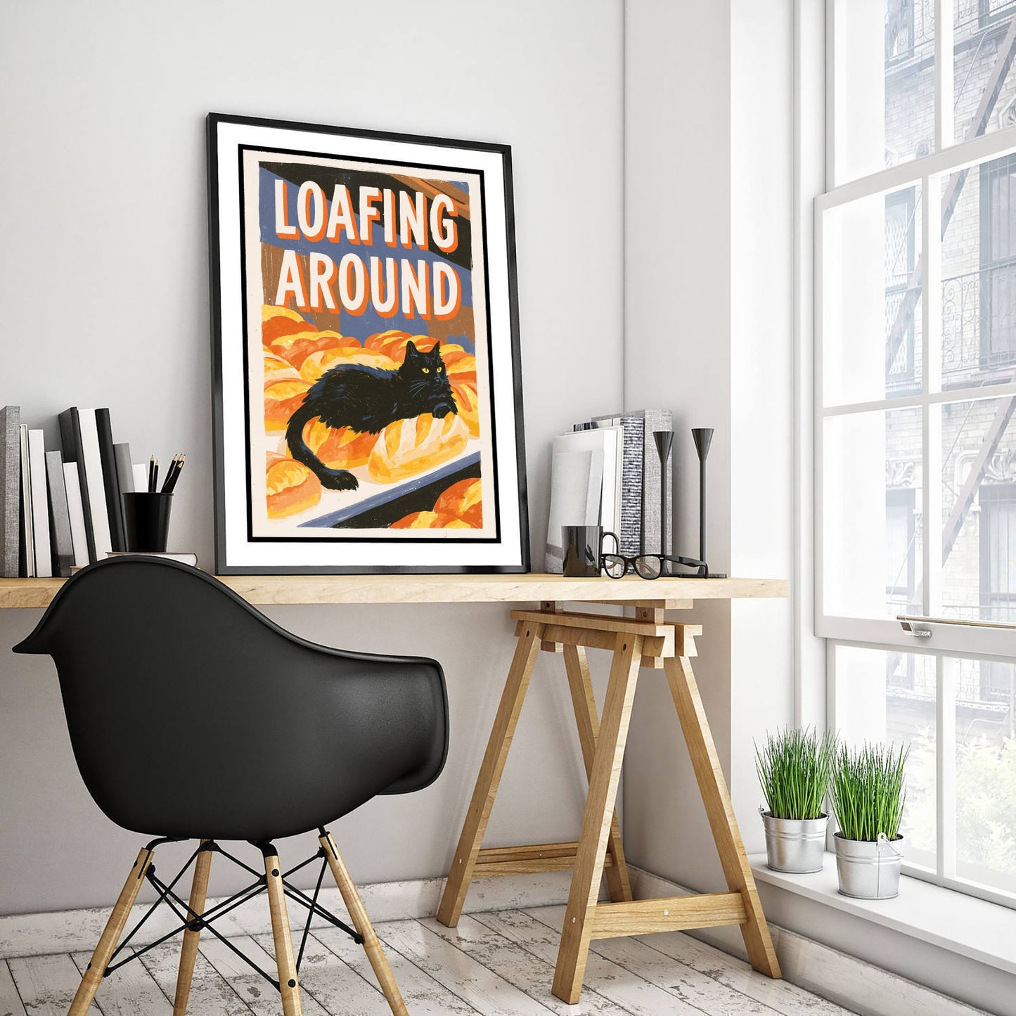 Loafing Around Art Print - Black Cat on Bakery Bread Poster - Painterly Kitchen Pun Illustration V1
