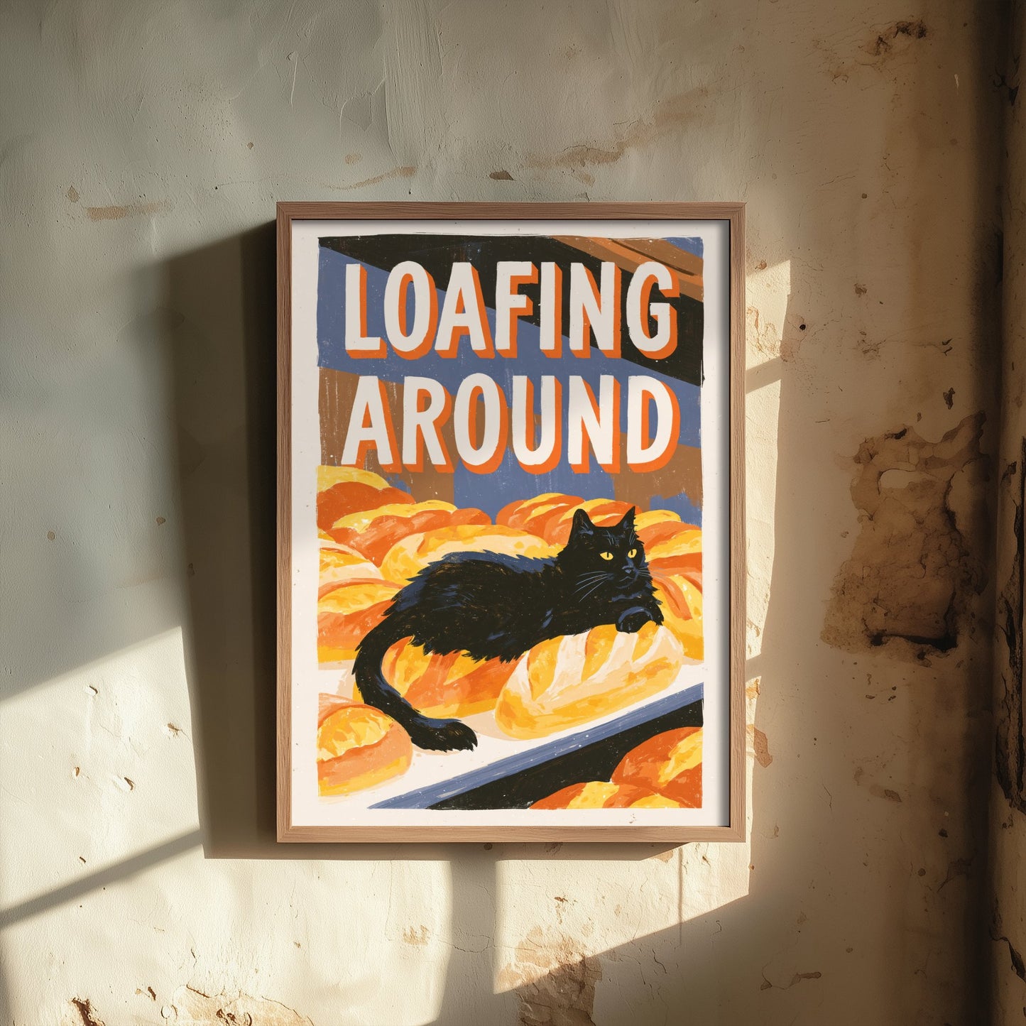 Loafing Around Art Print - Black Cat on Bakery Bread Poster - Painterly Kitchen Pun Illustration V1