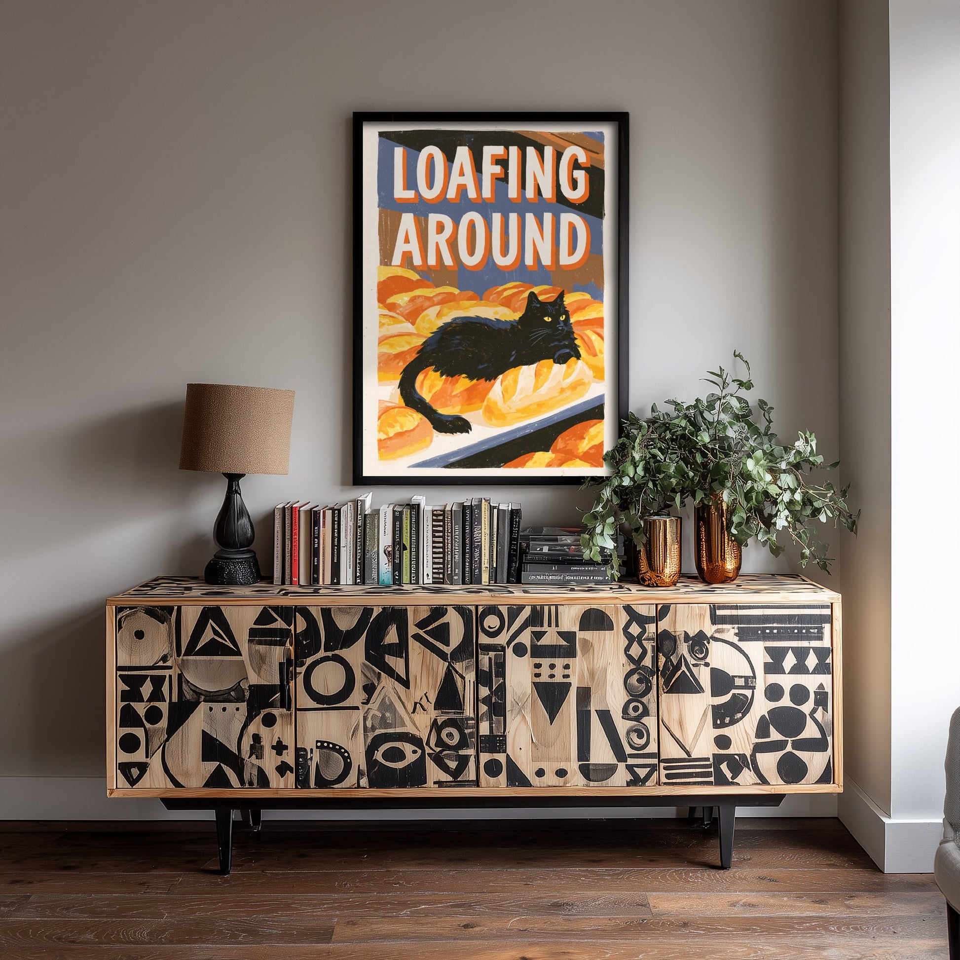 Loafing Around Art Print - Black Cat on Bakery Bread Poster - Painterly Kitchen Pun Illustration V1