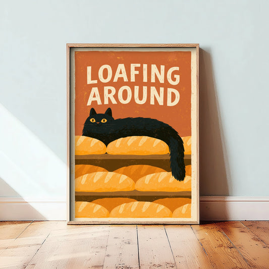 Loafing Around Kitchen Print - Long Black Cat on Bread Shelf Poster - Retro Bakery Pun Illustration V2