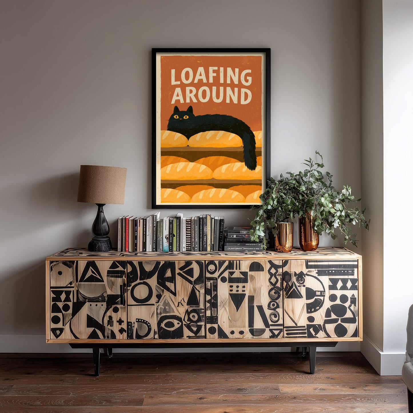 Loafing Around Kitchen Print - Long Black Cat on Bread Shelf Poster - Retro Bakery Pun Illustration V2