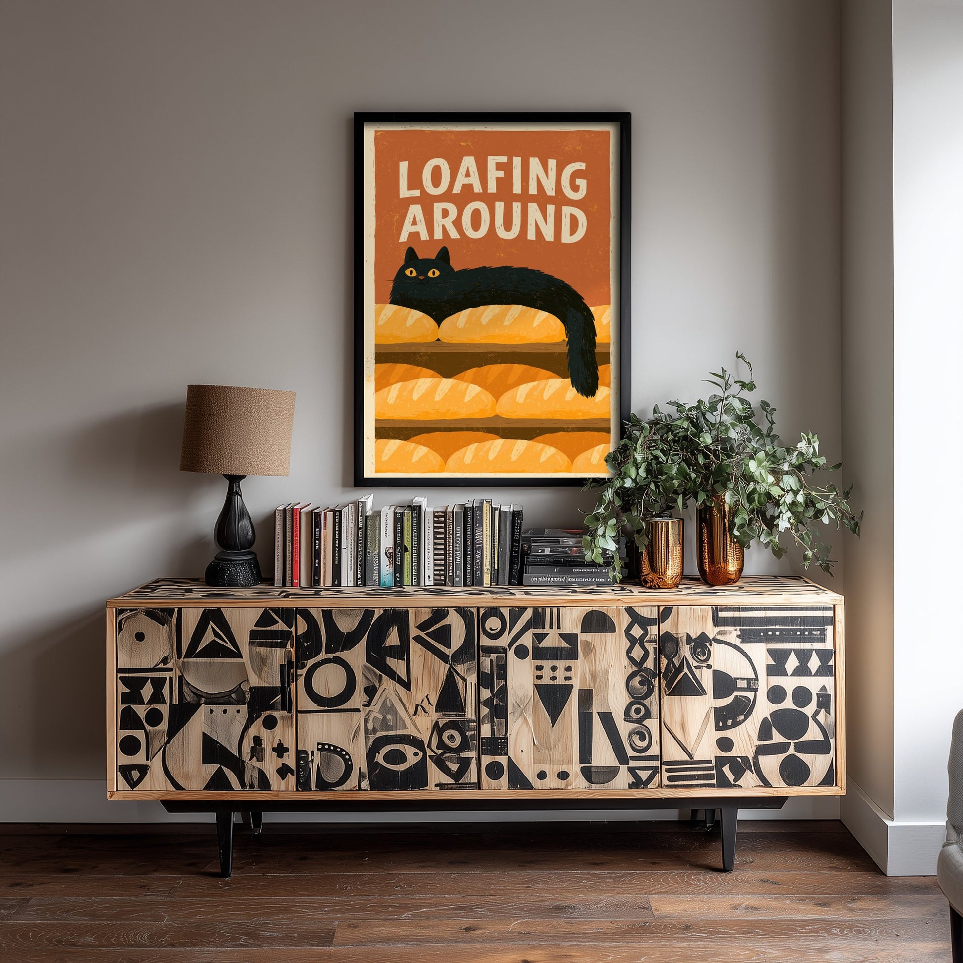 Loafing Around Kitchen Print - Long Black Cat on Bread Shelf Poster - Retro Bakery Pun Illustration V2
