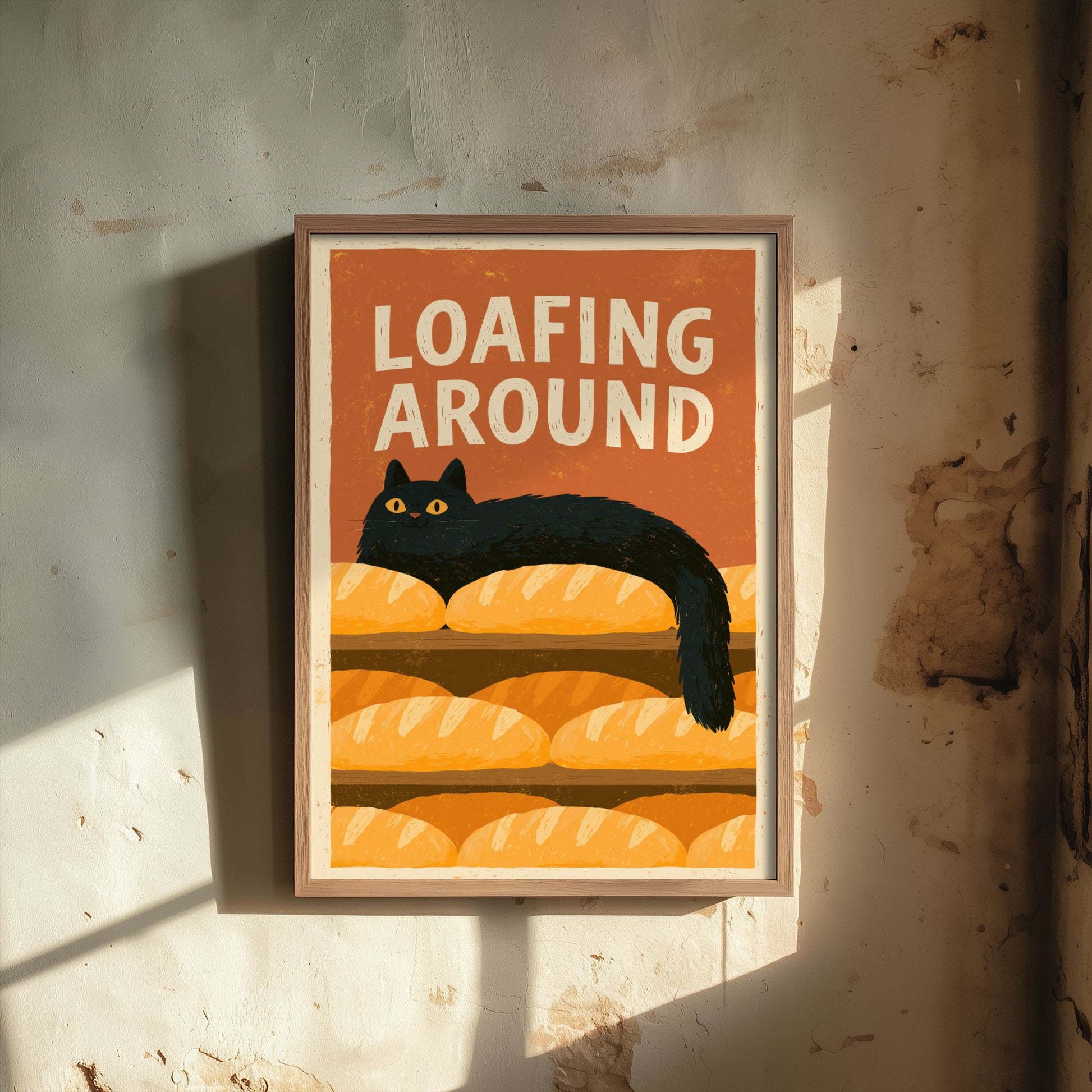 Loafing Around Kitchen Print - Long Black Cat on Bread Shelf Poster - Retro Bakery Pun Illustration V2