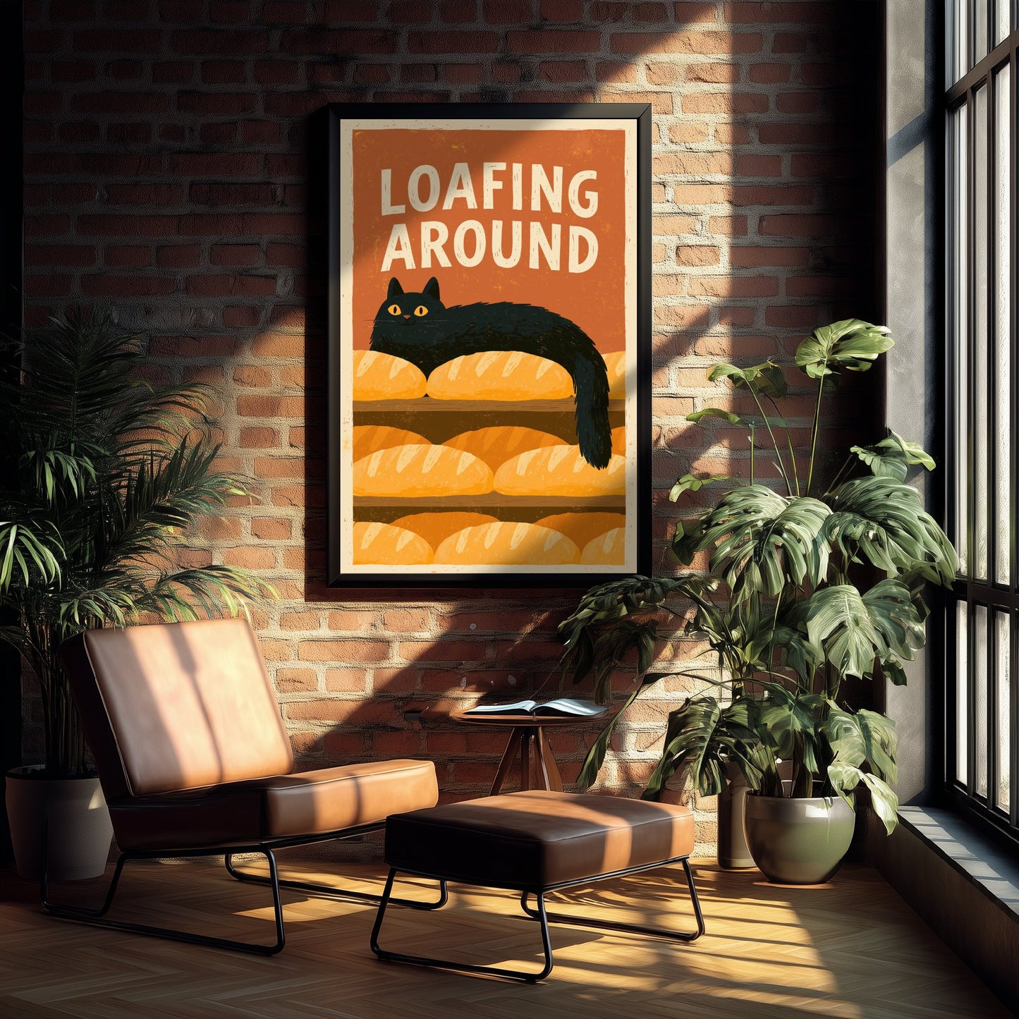 Loafing Around Kitchen Print - Long Black Cat on Bread Shelf Poster - Retro Bakery Pun Illustration V2