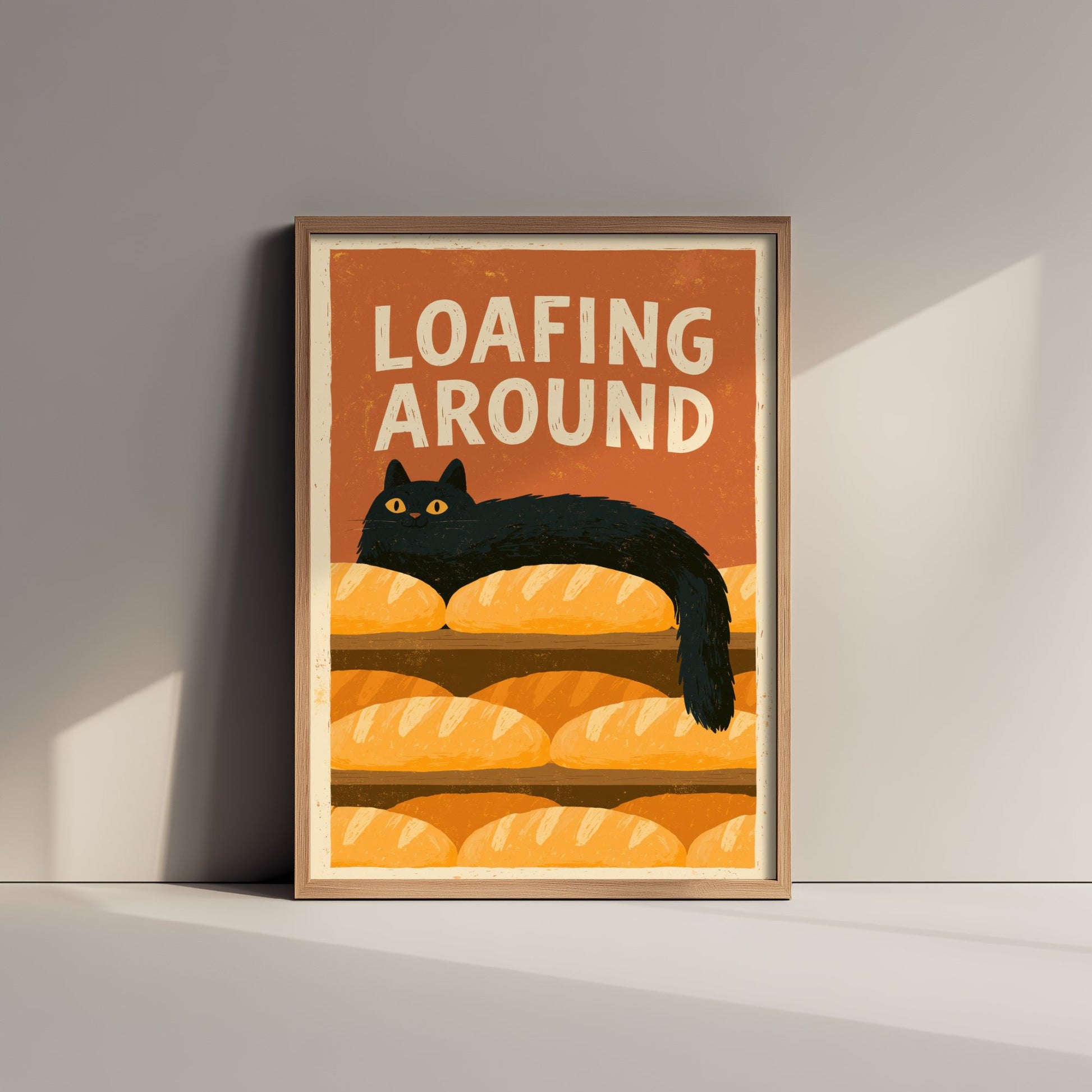 Loafing Around Kitchen Print - Long Black Cat on Bread Shelf Poster - Retro Bakery Pun Illustration V2