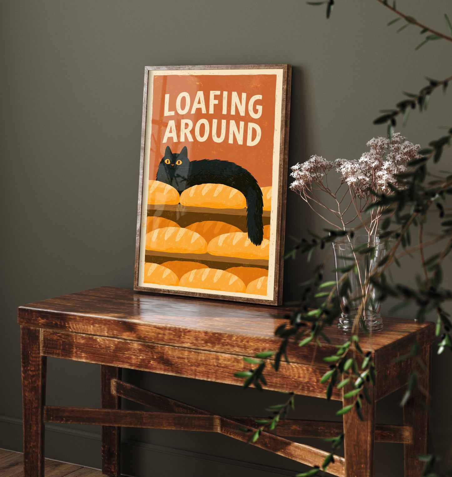 Loafing Around Kitchen Print - Long Black Cat on Bread Shelf Poster - Retro Bakery Pun Illustration V2