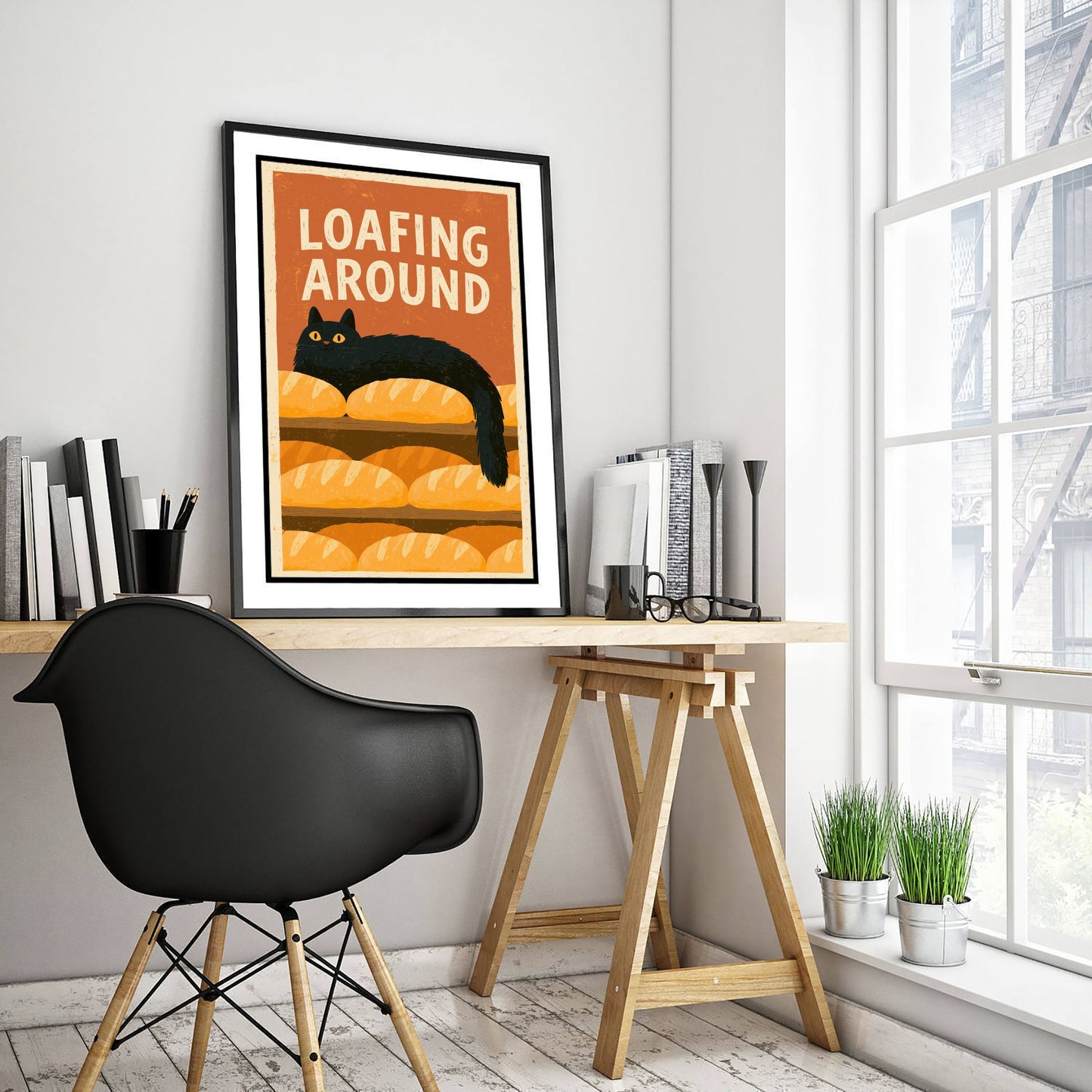 Loafing Around Kitchen Print - Long Black Cat on Bread Shelf Poster - Retro Bakery Pun Illustration V2