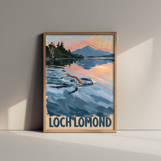 Loch Lomond Wild Swimming Poster - Scottish Art Print - Impasto Painting Style Swim Illustration - Front Crawl at Dusk V2