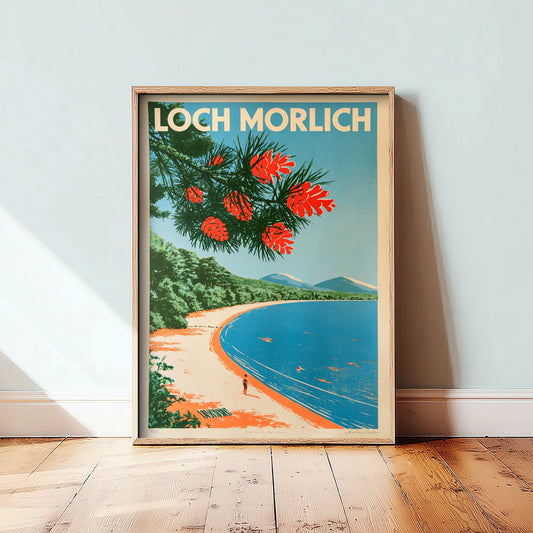 Loch Morlich Travel Poster - Cairngorms Scotland Art Print - Vintage Pine and Beach Swimming Illustration - Aviemore Loch