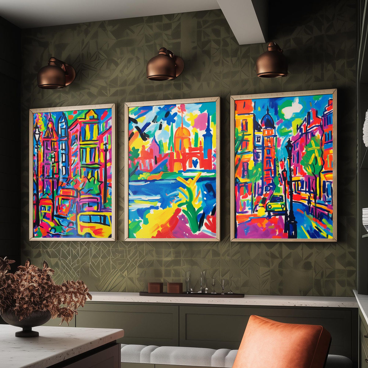 London After Matisse Set of Three Art Prints - Fauvist City Streets and Thames - Bright Painting Poster