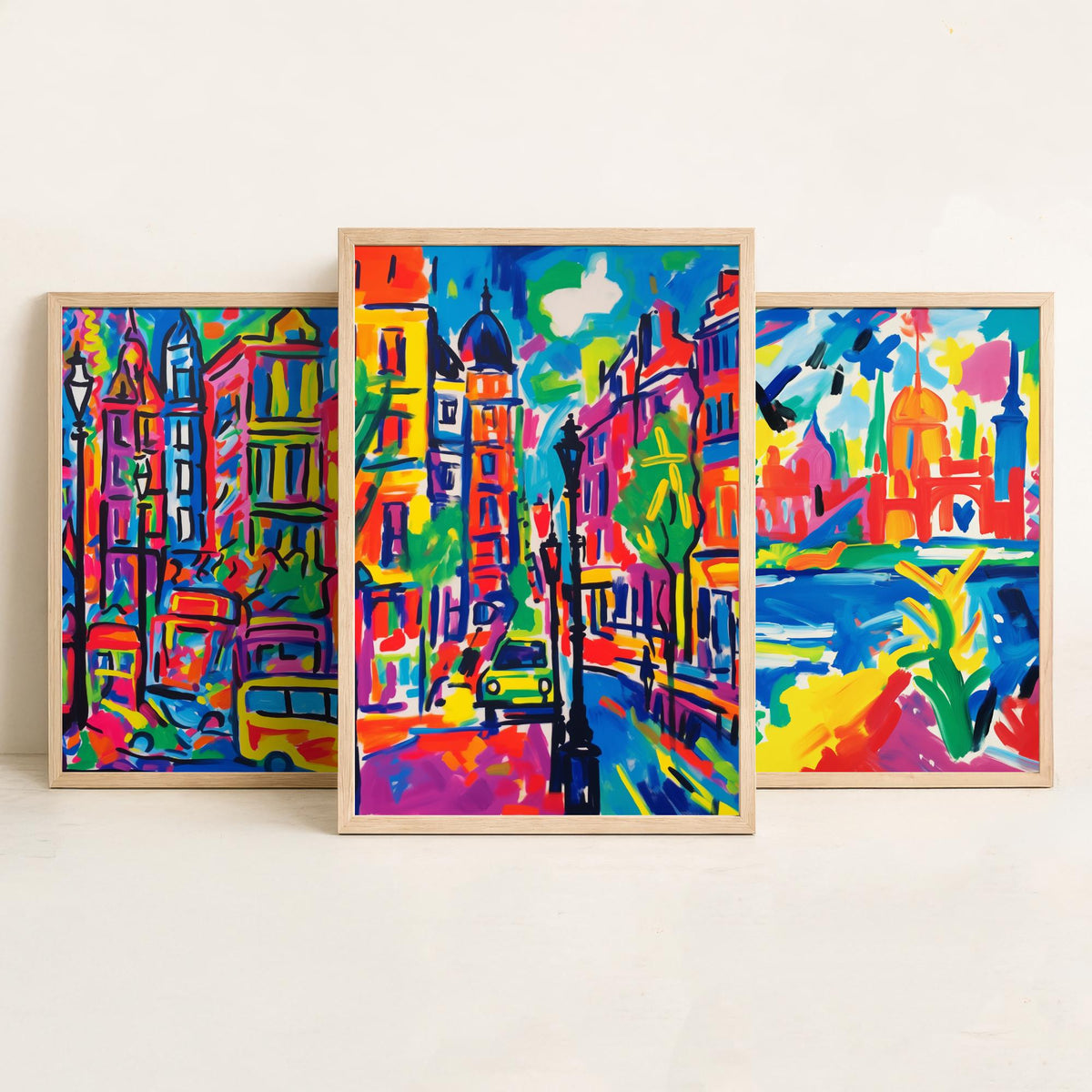 London After Matisse Set of Three Art Prints - Fauvist City Streets and Thames - Bright Painting Poster