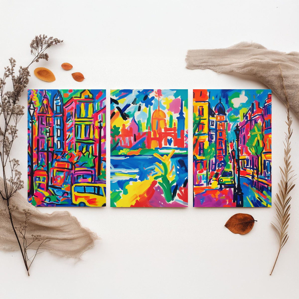 London After Matisse Set of Three Art Prints - Fauvist City Streets and Thames - Bright Painting Poster