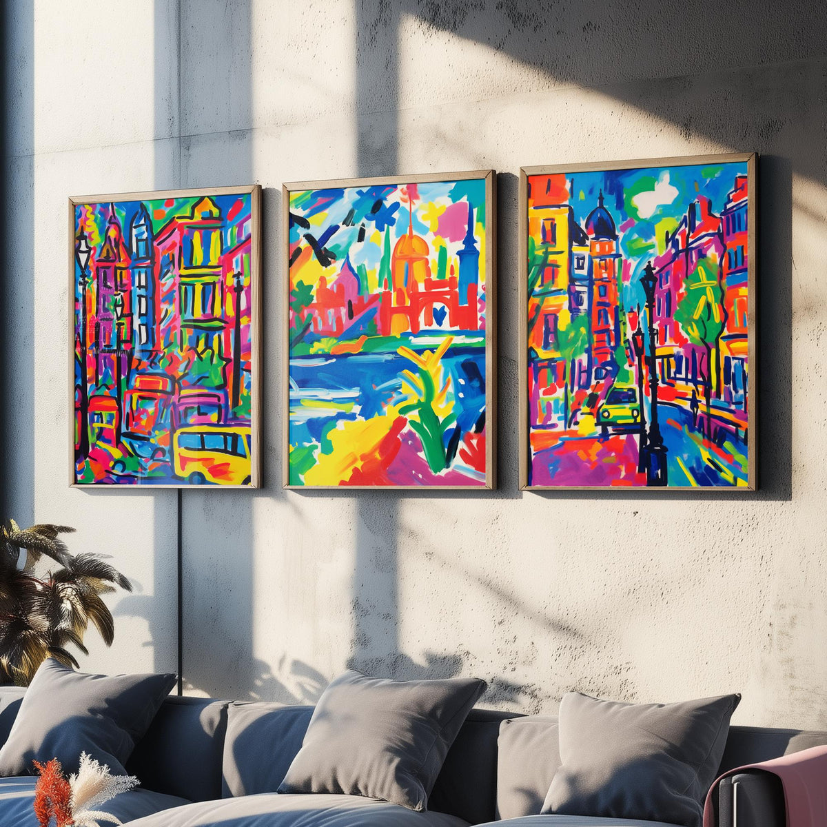 London After Matisse Set of Three Art Prints - Fauvist City Streets and Thames - Bright Painting Poster