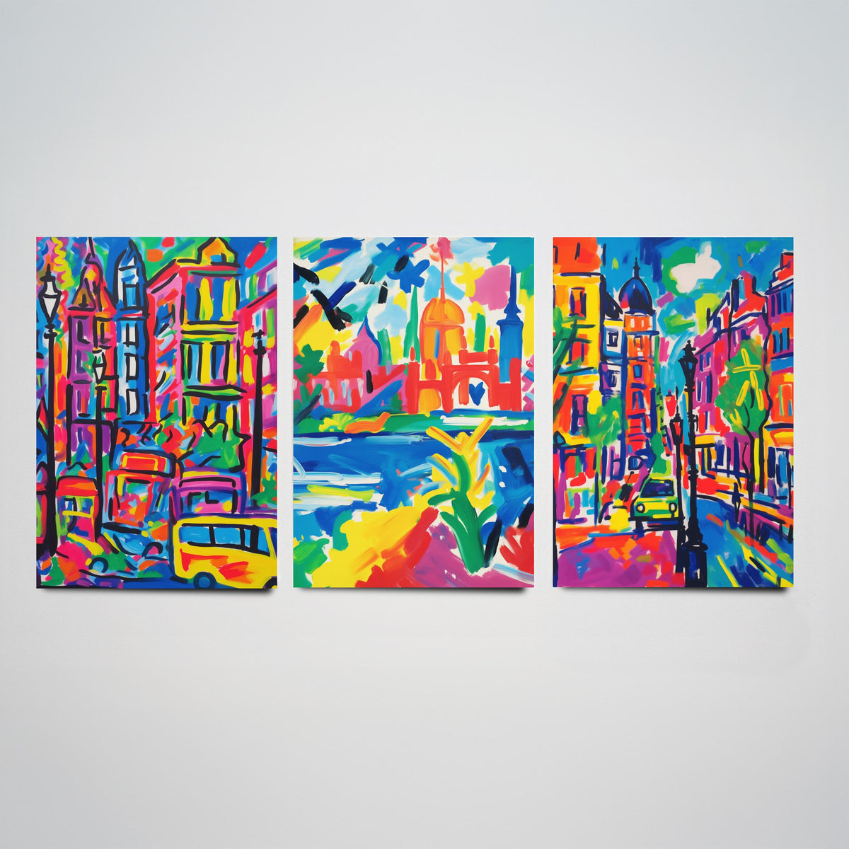 London After Matisse Set of Three Art Prints - Fauvist City Streets and Thames - Bright Painting Poster